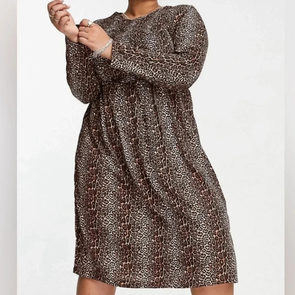 NWT Daisy Street ASOS Leopard Long Sleeve Smocked Midi Dress Size 5X